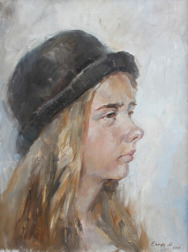 Peinture intitulée ""The girl in a hat."" par Maksim Echein, Œuvre d'art originale, Huile