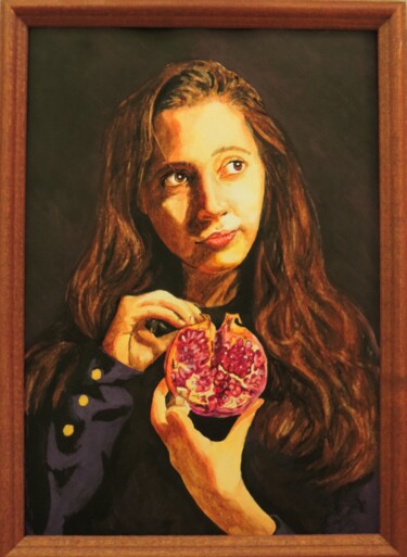 Картина под названием "Девушка с гранатом" - Максим Федькин, Подлинное произведение искусства, Акварель