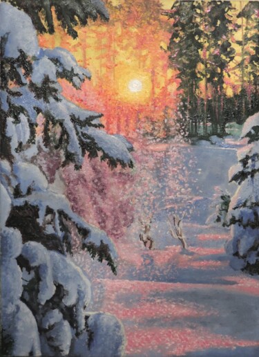 Pintura titulada "Солнце в зимнем лесу" por Maksim Fedkin, Obra de arte original, Oleo