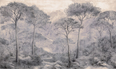 Painting titled ""Mountain Pines" 山の松" by Maksym Lazariev, Original Artwork, Watercolor