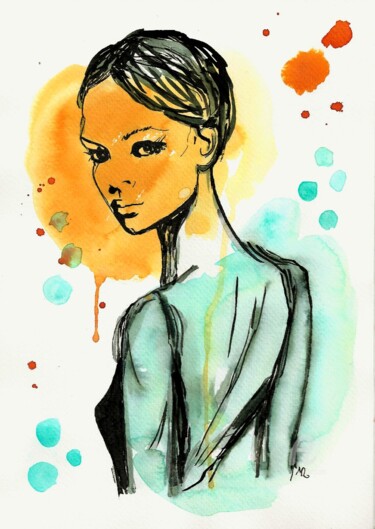 Drawing titled "FASHION LADY" by Mala, Original Artwork, Ink