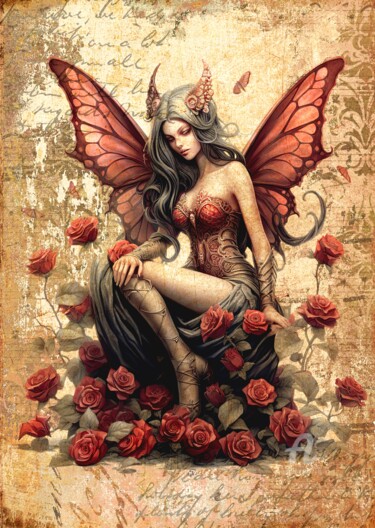Digitale Kunst mit dem Titel "Gothic Rose Fairy" von Mala, Original-Kunstwerk, Digitale Collage