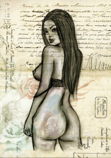 Disegno intitolato "AKT °14 mixed media" da Mala, Opera d'arte originale, Carbone