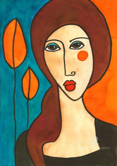 Malerei mit dem Titel "WOMAN PORTRAIT n°10" von Mala, Original-Kunstwerk, Aquarell
