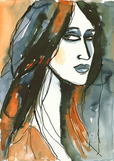 Painting titled "°CANDICE° woman ink…" by Mala, Original Artwork, Watercolor