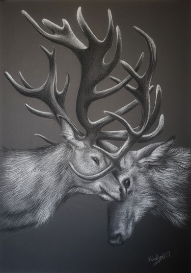 Drawing titled "A pair of deer" by Malanij, Original Artwork, Pastel