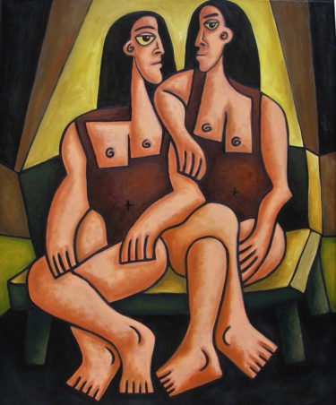 Painting titled "Resting dancers" by Zsolt Malasits, Original Artwork, Oil Mounted on Wood Stretcher frame