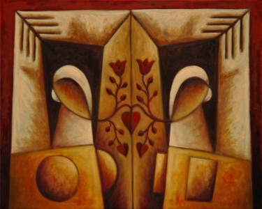 Pintura intitulada "Twins meditation" por Zsolt Malasits, Obras de arte originais, Óleo Montado em Armação em madeira