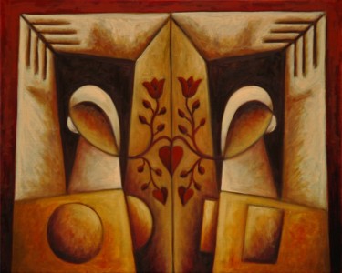 Malerei mit dem Titel "Twins meditation" von Zsolt Malasits, Original-Kunstwerk, Öl Auf Keilrahmen aus Holz montiert