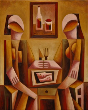 Painting titled "Common dining" by Zsolt Malasits, Original Artwork, Oil Mounted on Wood Stretcher frame