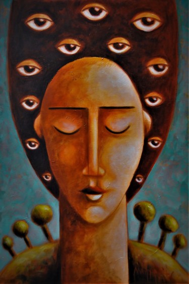 Painting titled "All Seeing" by Zsolt Malasits, Original Artwork, Oil Mounted on Wood Stretcher frame