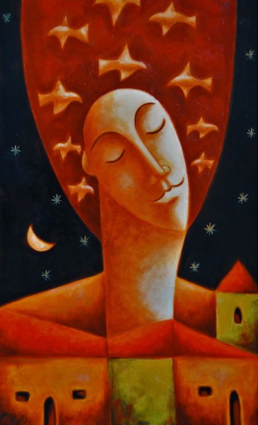 Painting titled "Flying thoughts" by Zsolt Malasits, Original Artwork, Oil Mounted on Wood Stretcher frame