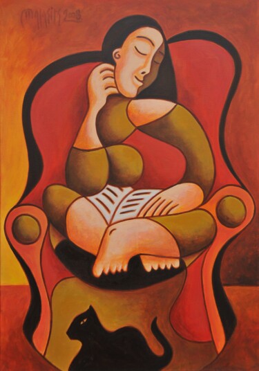 Painting titled "Dreaming woman" by Zsolt Malasits, Original Artwork, Oil Mounted on Wood Stretcher frame