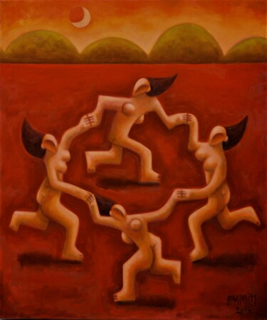 Pintura intitulada "Dancing quartet" por Zsolt Malasits, Obras de arte originais, Óleo Montado em Armação em madeira
