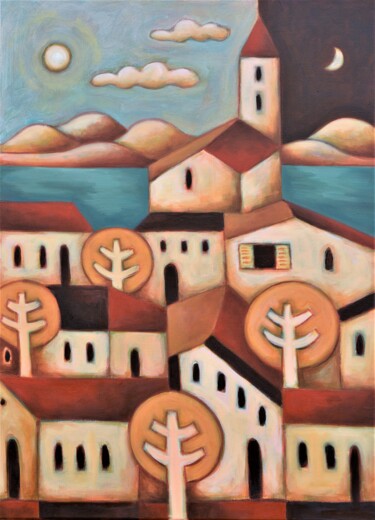 Painting titled "Peaceful town" by Zsolt Malasits, Original Artwork, Oil Mounted on Wood Stretcher frame