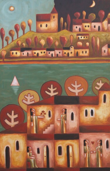 Painting titled "Spa town 2." by Zsolt Malasits, Original Artwork, Oil Mounted on Wood Stretcher frame