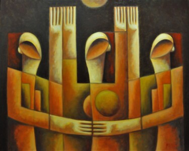 Painting titled "Togehter" by Zsolt Malasits, Original Artwork, Oil Mounted on Wood Stretcher frame