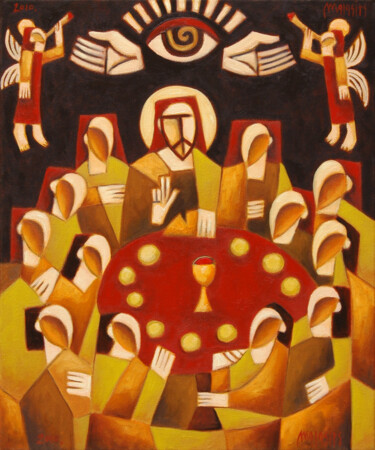 Malerei mit dem Titel "The Last supper" von Zsolt Malasits, Original-Kunstwerk, Öl Auf Keilrahmen aus Holz montiert