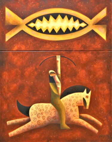 「Hunter of thunderbo…」というタイトルの絵画 Zsolt Malasitsによって, オリジナルのアートワーク, オイル ウッドストレッチャーフレームにマウント