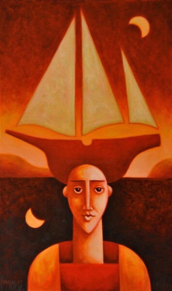 Painting titled "Mystical cruise 2." by Zsolt Malasits, Original Artwork, Oil Mounted on Wood Stretcher frame