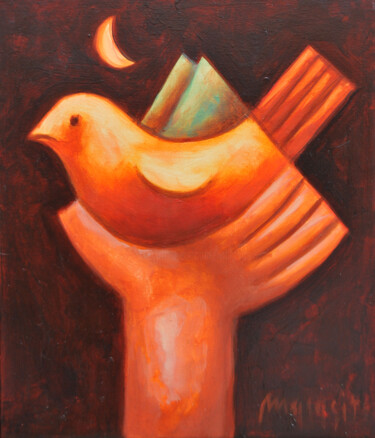 Painting titled "Tribute to the Bird" by Zsolt Malasits, Original Artwork, Oil Mounted on Wood Stretcher frame