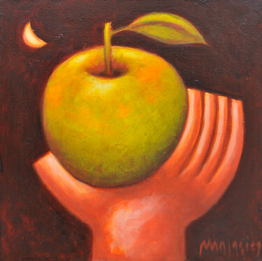 Ζωγραφική με τίτλο "Tribute to the Apple" από Zsolt Malasits, Αυθεντικά έργα τέχνης, Λάδι Τοποθετήθηκε στο Ξύλινο φορείο σκε…