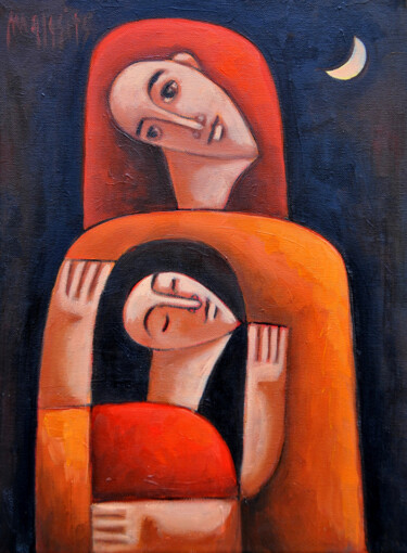 Painting titled "Mothery love 2." by Zsolt Malasits, Original Artwork, Oil Mounted on Wood Stretcher frame
