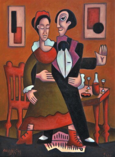 Painting titled "Last tango in Paris" by Zsolt Malasits, Original Artwork, Oil Mounted on Wood Stretcher frame