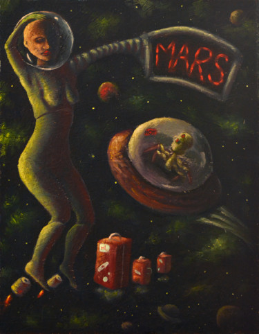 Картина под названием "Hitchhiking to Mars" - Malen L, Подлинное произведение искусства, Масло