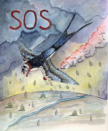 Картина под названием "SOS of swallow bird" - Malen L, Подлинное произведение искусства, Акварель