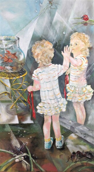 Painting titled "Reflet dans la vitre" by Malgor Sadlon, Original Artwork, Oil Mounted on Wood Panel