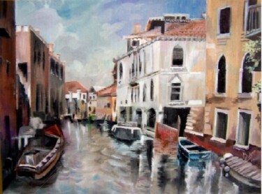 Peinture intitulée "Pause -café à Venise" par Malgor Sadlon, Œuvre d'art originale, Huile Monté sur Châssis en bois