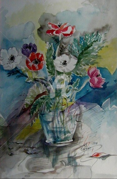 Картина под названием "Anemones" - Malgor Sadlon, Подлинное произведение искусства, Акварель