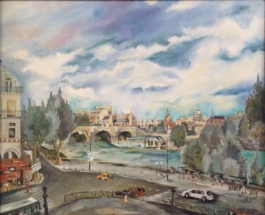 Painting titled "Pont -Neuf- Paris" by Malgor Sadlon, Original Artwork, Oil Mounted on Wood Stretcher frame