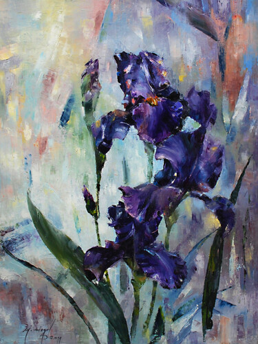 Painting titled "IRISES" by Malgorzata Niegel, Original Artwork, Oil Mounted on Wood Panel