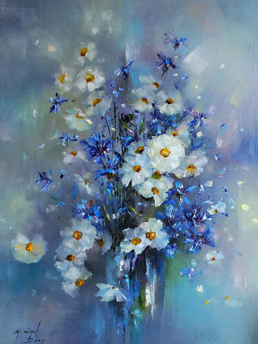 Painting titled "Field flowers" by Malgorzata Niegel, Original Artwork, Oil Mounted on Wood Panel