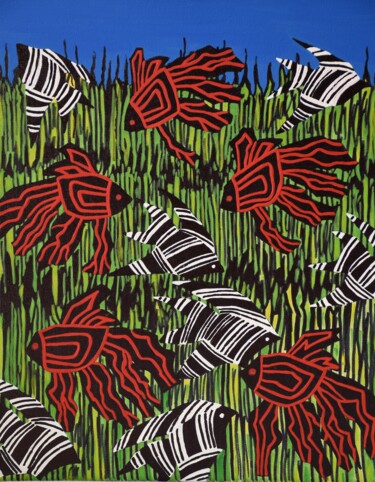 Malerei mit dem Titel "Flying Fishes" von Małgorzata Wartołowicz (Margot Sophie), Original-Kunstwerk, Acryl