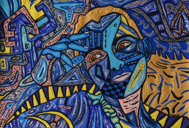 Peinture intitulée "Blue Self-Portrait" par Małgorzata Wartołowicz (Margot Sophie), Œuvre d'art originale, Acrylique