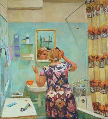 Peinture intitulée "Мама у зеркала" par Polina Malidovskaia, Œuvre d'art originale, Huile