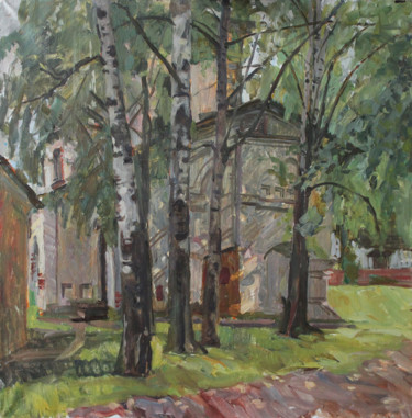 Painting titled "Старый храм среди б…" by Polina Malidovskaia, Original Artwork, Oil