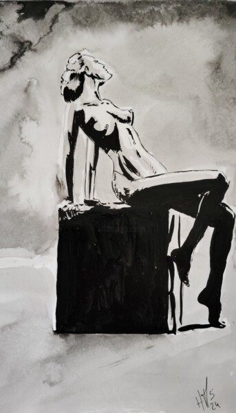 Dessin intitulée "Nue féminin" par Malik Hansen, Œuvre d'art originale, Encre