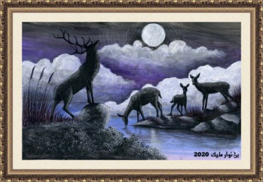 Malerei mit dem Titel "deer family" von Malik Bennouar, Original-Kunstwerk, Acryl
