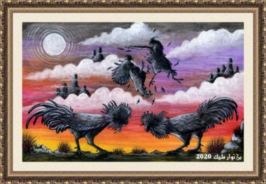 Pittura intitolato "roosters Fighting" da Malik Bennouar, Opera d'arte originale, Acrilico