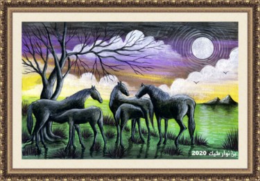 Painting titled "Horses sundown" by Malik Bennouar, Original Artwork, Acrylic