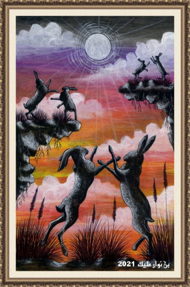 Painting titled "Fighting rabbits" by Malik Bennouar, Original Artwork, Acrylic