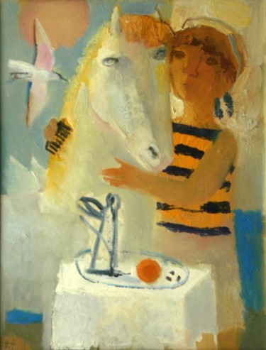 Картина под названием "Девочка и лошадка" - Maliko, Подлинное произведение искусства
