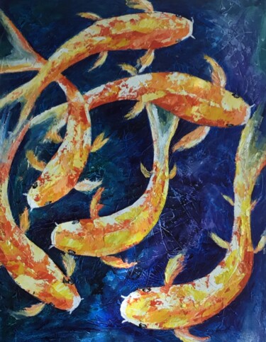 Картина под названием "Koi in a Pond" - Malinga Kumarasinghe, Подлинное произведение искусства, Акрил Установлен на Деревянн…