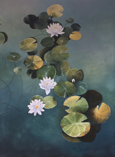 Картина под названием "Blooms in a Pond" - Malinga Kumarasinghe, Подлинное произведение искусства, Акрил Установлен на Дерев…