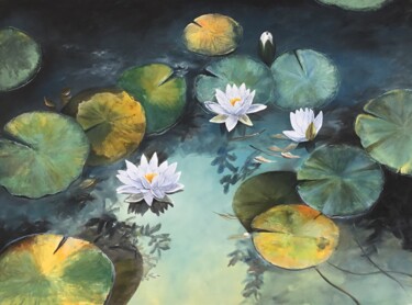 Painting titled "Lilies in Bloom" by Malinga Kumarasinghe, Original Artwork, Acrylic Mounted on Wood Stretcher frame