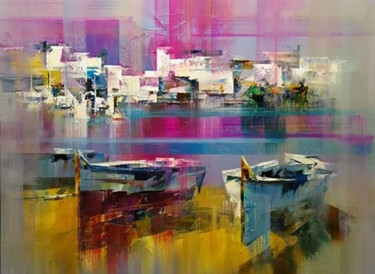 Painting titled "Boats at the Quay" by Malinga Kumarasinghe, Original Artwork, Acrylic Mounted on Wood Stretcher frame